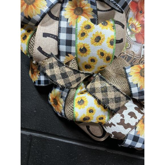 Handmade Burlap Wreath Farmhouse Highland Cow Fall Western Horseshoe 22 Inch - Picture 6 of 10